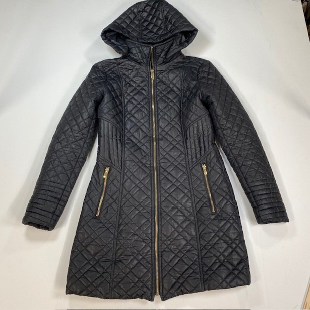 Via Spiga Quilted Hooded Puffer Coat Black Gold Zipper XS